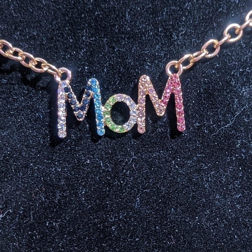 Pendant--MOM gold tone with color crystals gems